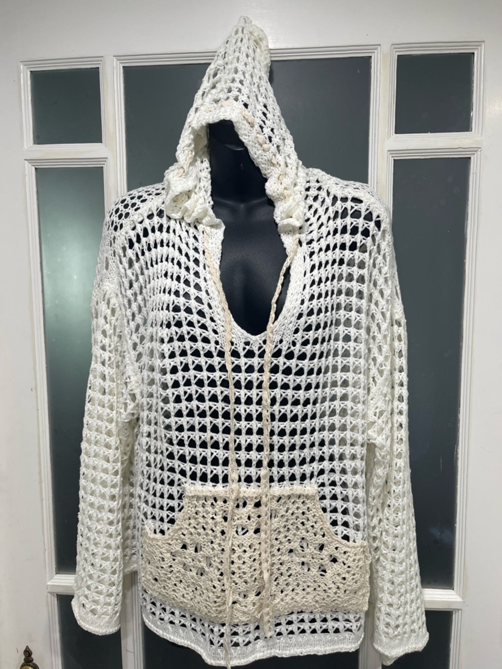 POL Hooded Crochet Open-Knit Coverup in White and Cream Pocket